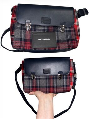 Dolce & Gabbana Navy Leather and Red Plaid Messenger Bag like new